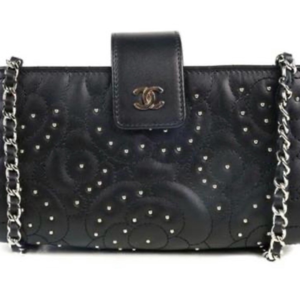 Chanel clutch on chain - crossbody in black lamb skin - silver studs! Authentic! - Picture 8 of 10